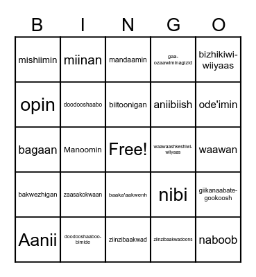 Food/Miijim Bingo Card