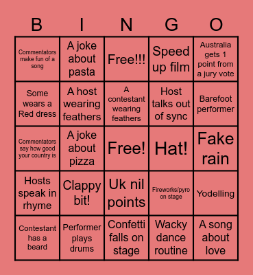 Eurovision Semi final 1 2022 Bingo Card