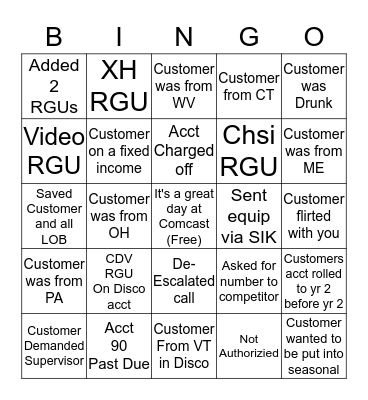 Disconnection Bingo (Please give acct # for RGU, SIK or SPP) Bingo Card