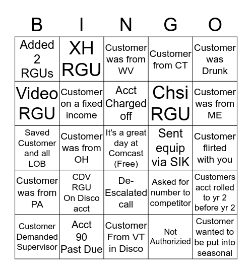 Disconnection Bingo (Please give acct # for RGU, SIK or SPP) Bingo Card