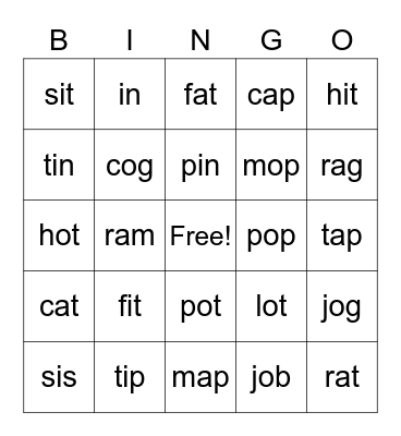 short a,i,o Bingo Card