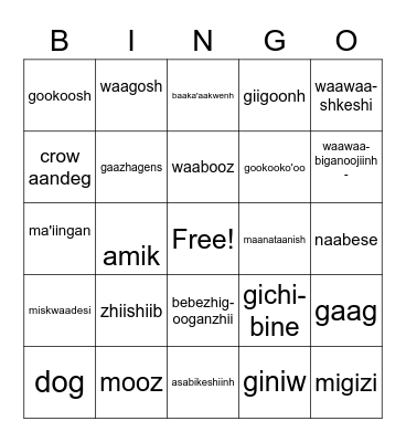 Animals Bingo Card