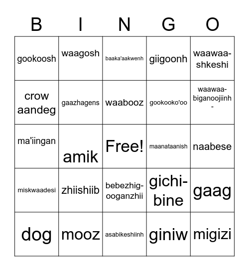 Animals Bingo Card