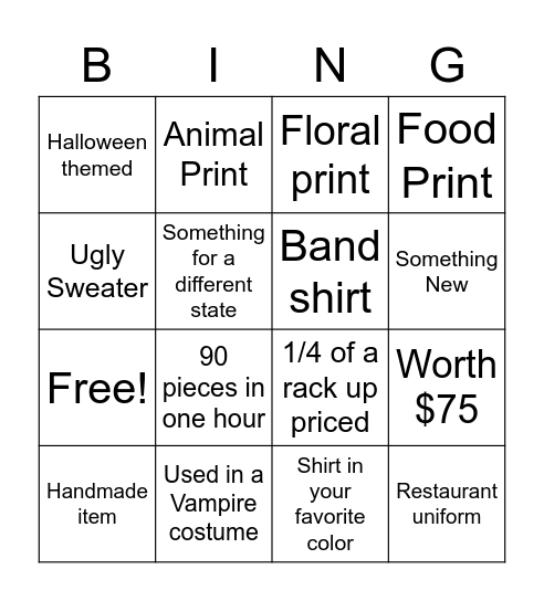 Clothes Bingo Card