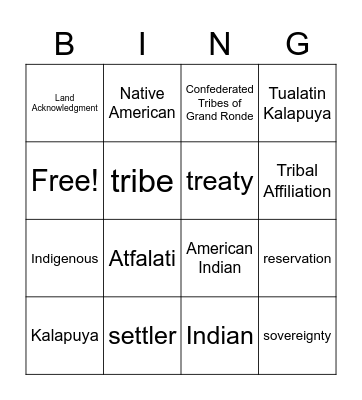 Kalapuyan Vocabulary Bingo Card