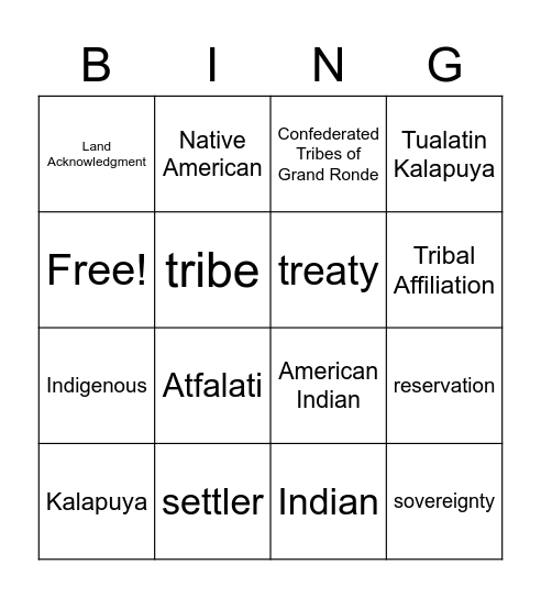 Kalapuyan Vocabulary Bingo Card