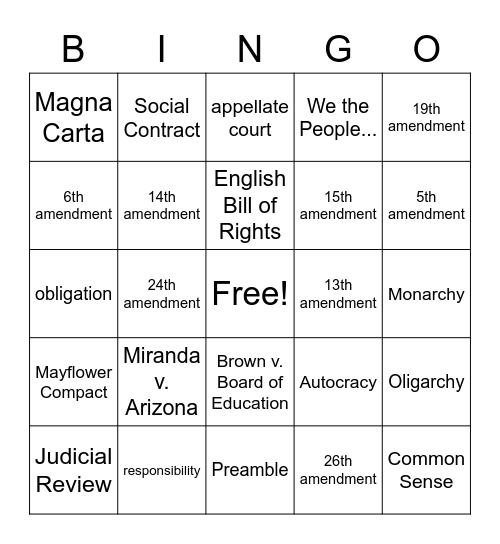 Civics Bingo Card