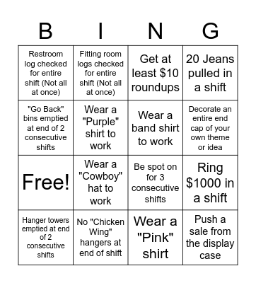 Cashier Bingo Card