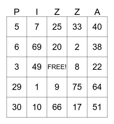 PIZZA BINGO  Bingo Card