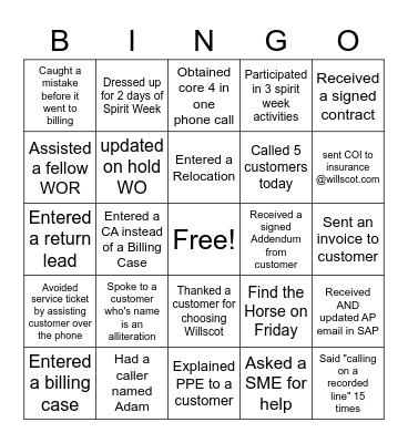 Spirit Week Bingo Card