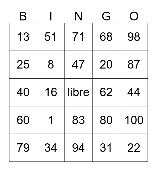 Los Numeros Bingo Card