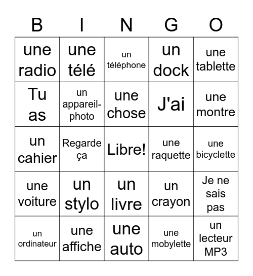 mes affaires personnelles Bingo Card