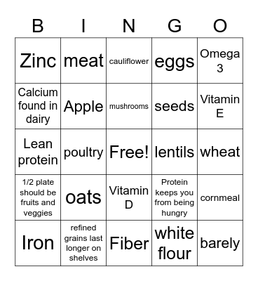 Food Groups Bingo Card