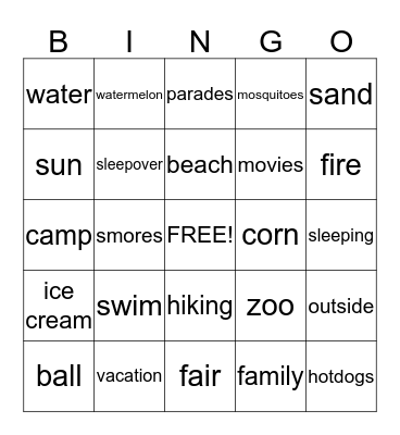 Summer Fun Bingo Card