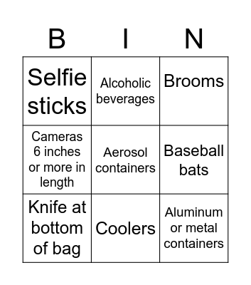 Contraband Bingo Card