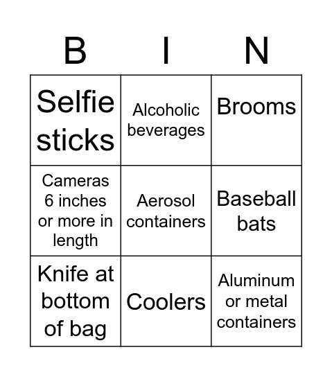 Contraband Bingo Card