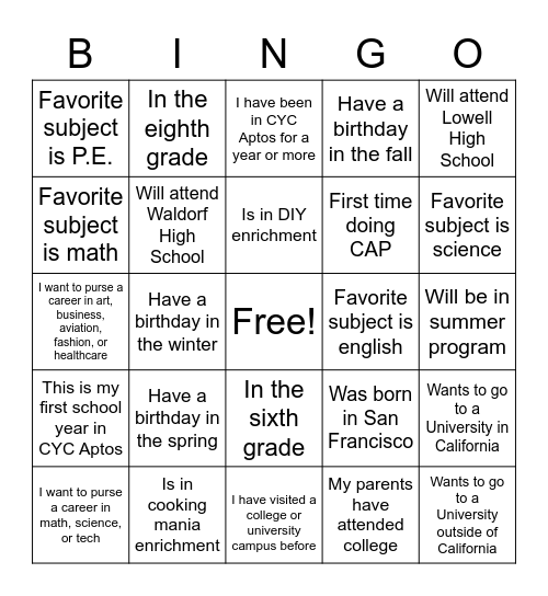 CAP Bingo Card