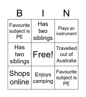 Get to know each other Bingo Card