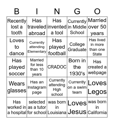 Cradoc Family Bingo Card