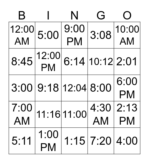 Times of the Clock Bingo Card