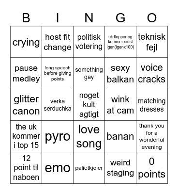 EUROVISION 22 Bingo Card