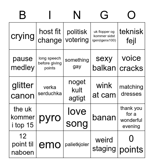 EUROVISION 22 Bingo Card