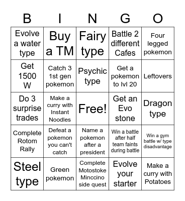 Pokemon Sword and Shield Vs Bingo Card
