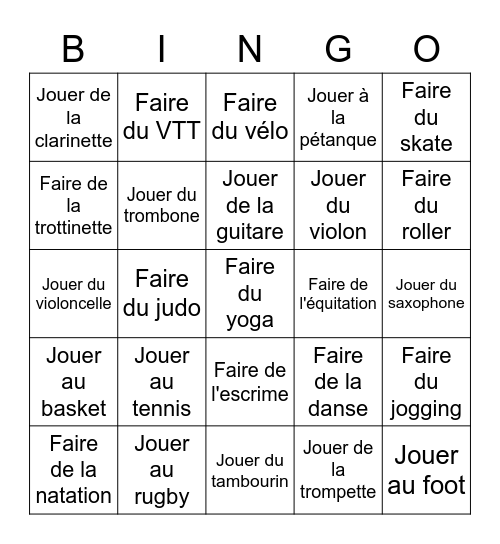 Sports and musical instruments Bingo Card