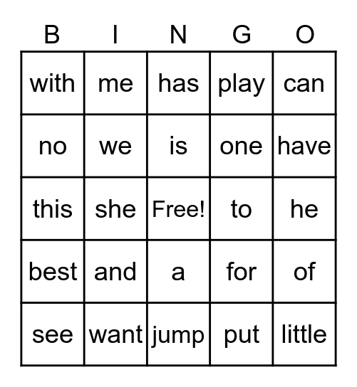 Kindergarten Sight Words Bingo Card