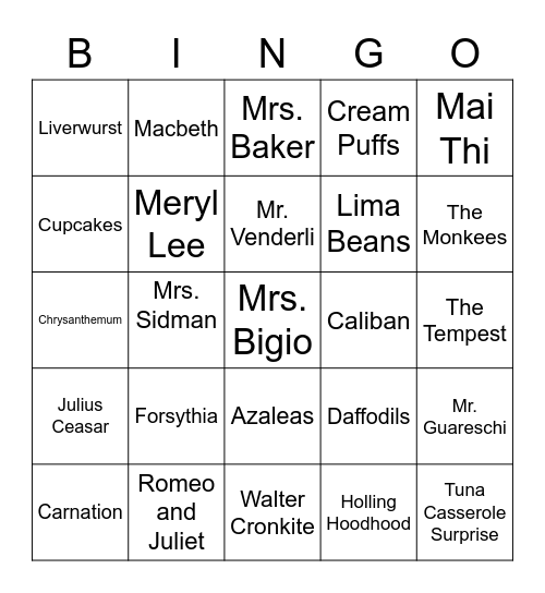 The Wednesday Wars Bingo Card