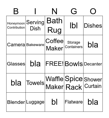 Bridal Shower Bingo Card