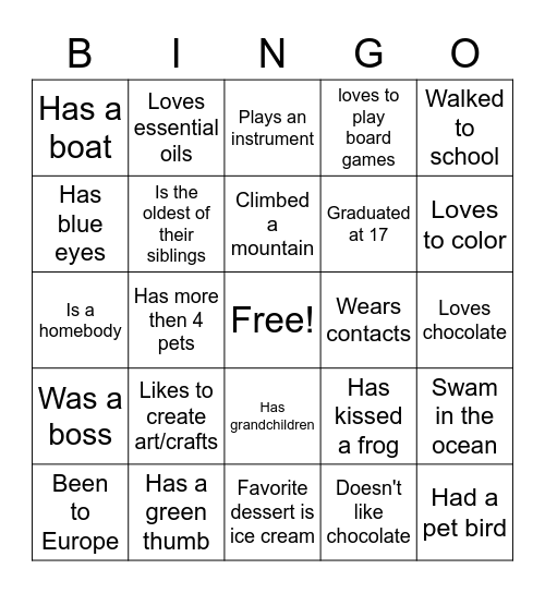 Getting to Know You..... Bingo Card