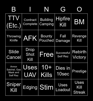Warzone Rebirth Bingo Card