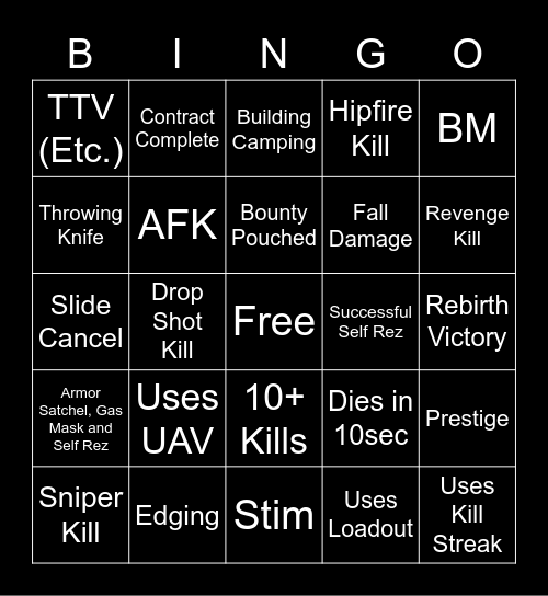 Warzone Rebirth Bingo Card