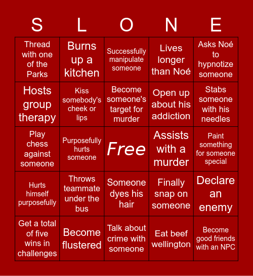 Sloane Last Supper Bingo Card