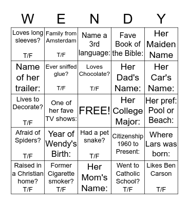 Wendy Bingo! Bingo Card