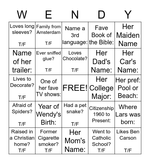 Wendy Bingo! Bingo Card