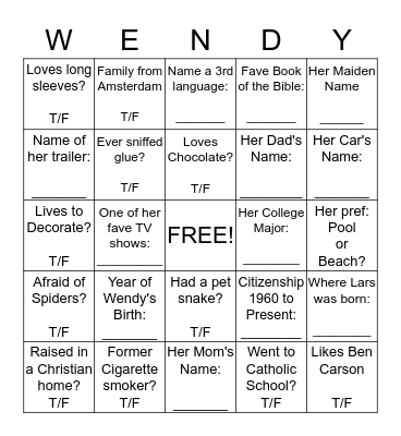 Wendy Bingo! Bingo Card