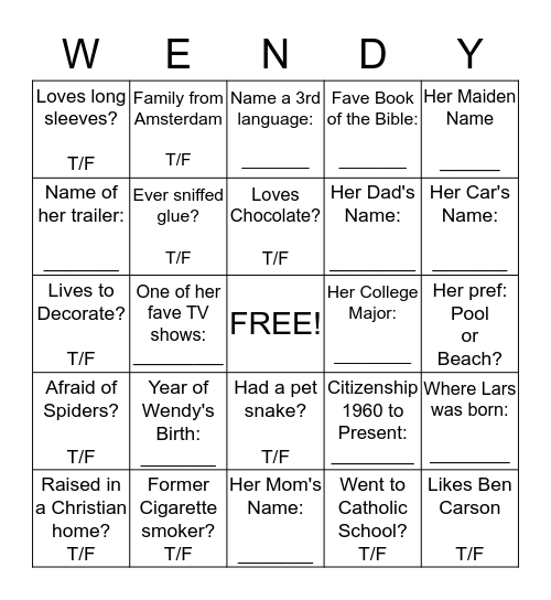 Wendy Bingo! Bingo Card