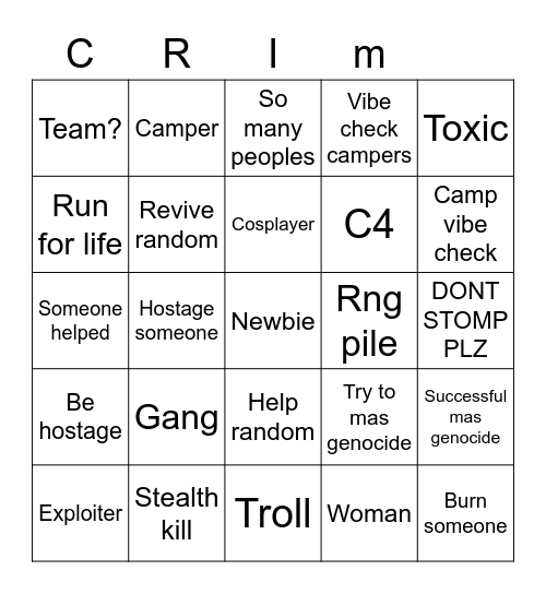 Criminality Bingo Card