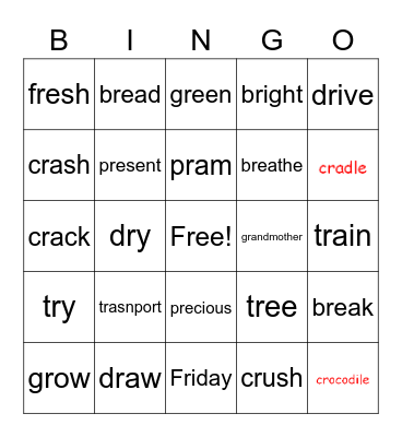 Blends Sounds – br, pr, tr, dr, gr, cr, fr Bingo Card