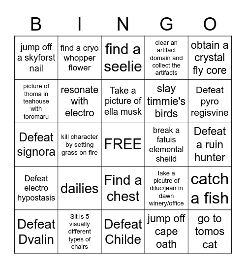 Genshin Impact Bingo Card