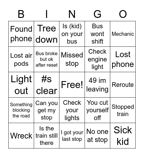 Bus Barn Bingo Card