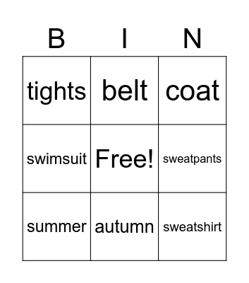 Seasons and clothes Bingo Card