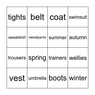 Clothes and seasons Bingo Card