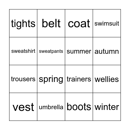Clothes and seasons Bingo Card