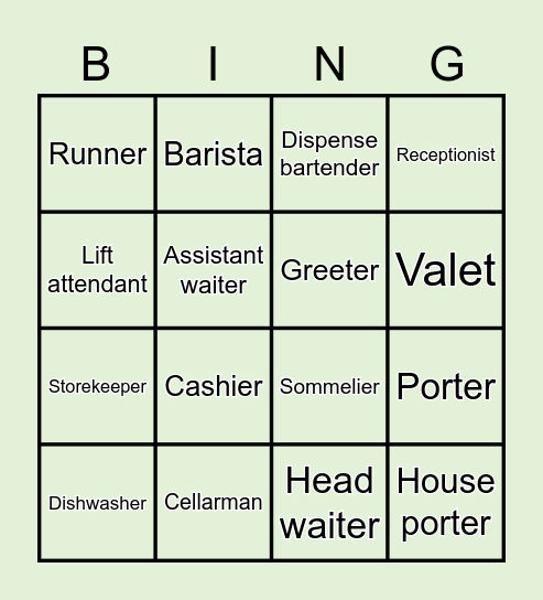 Hotel & restaurant jobs Bingo Card