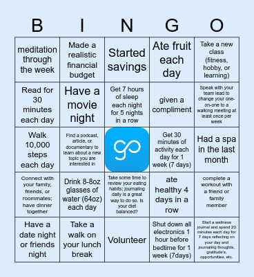 Employee Wellness Bingo Card