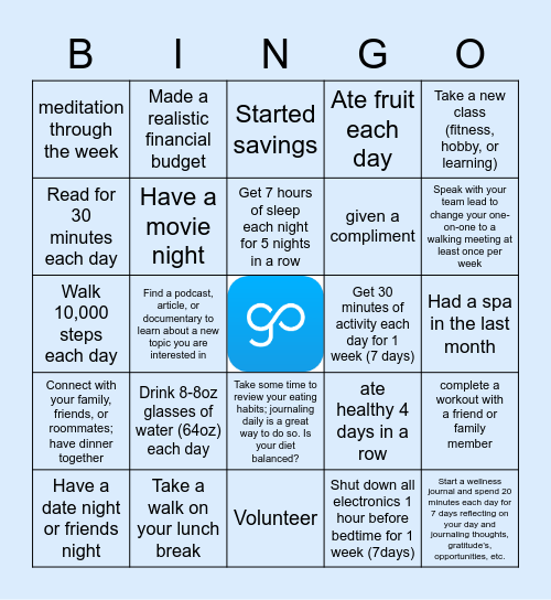 Employee Wellness Bingo Card