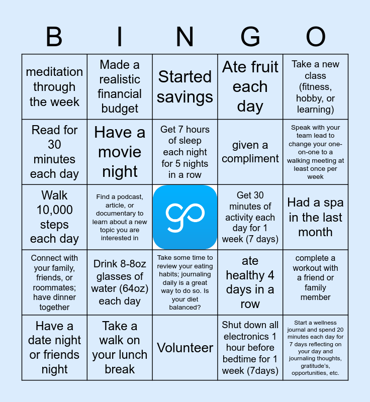 Employee Wellness Bingo Card